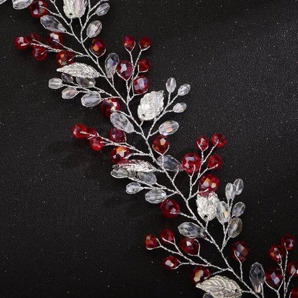 Red Silver Headpiece for Hair Styling Jewelry Women Girls Handmade Leaves Hair P - Picture 2 of 4